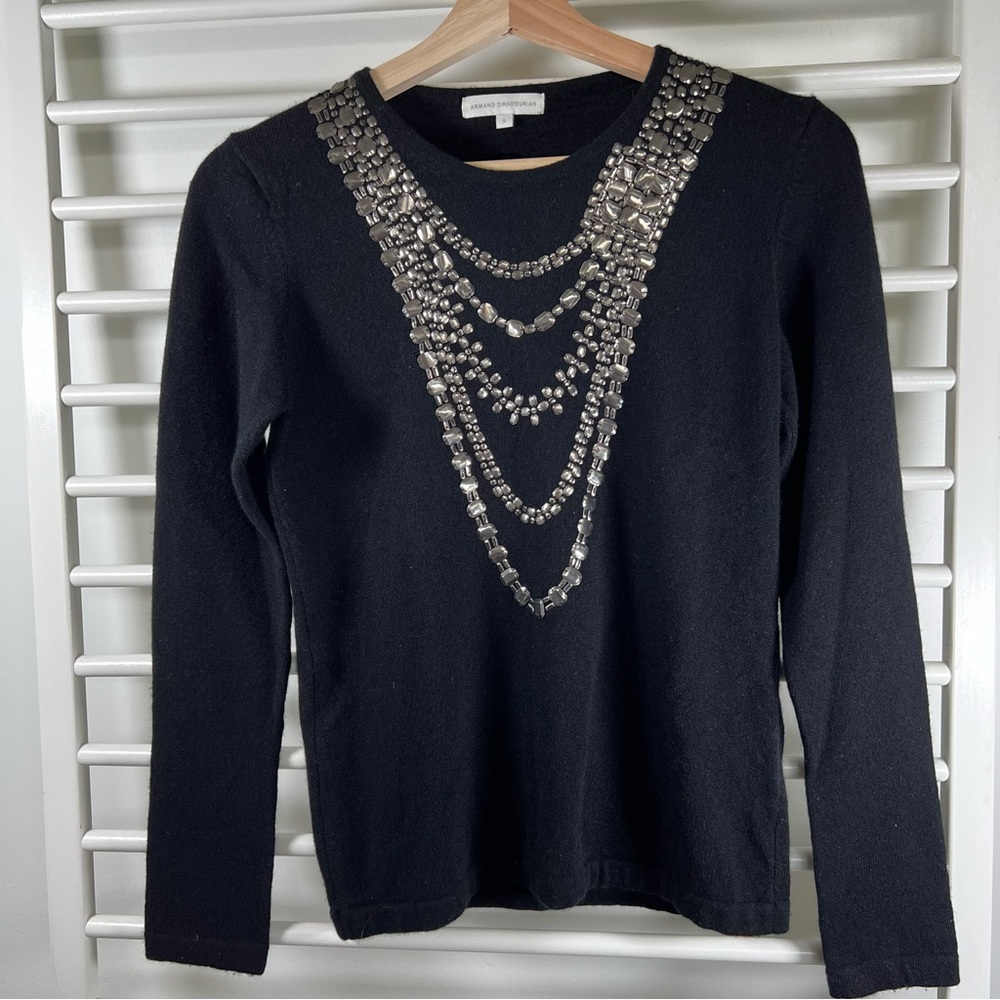Black 100% Cashmere Armand Diradourian Embellished Black Sweater, Size Small